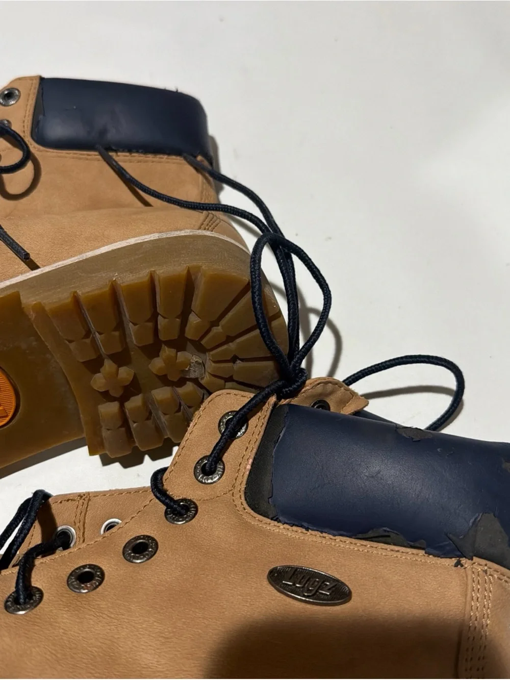 Lugz Tan Work Boots with Navy Collar